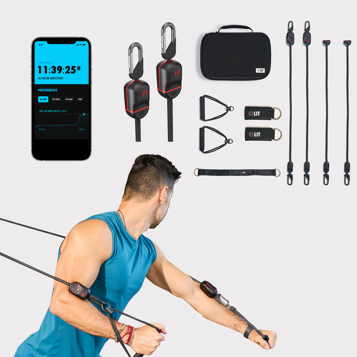 LIT Axis with all accessories and a man doing workout with LIT Axis smart resistance bands