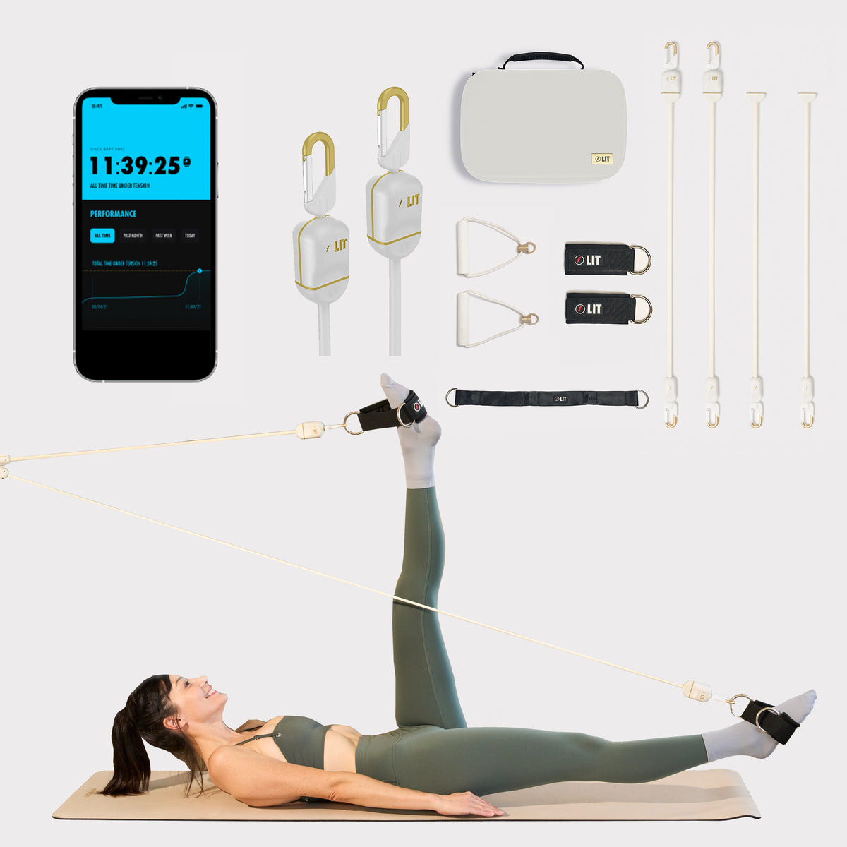 LIT Axis with all accessories and a woman doing workout with LIT Axis smart resistance bands